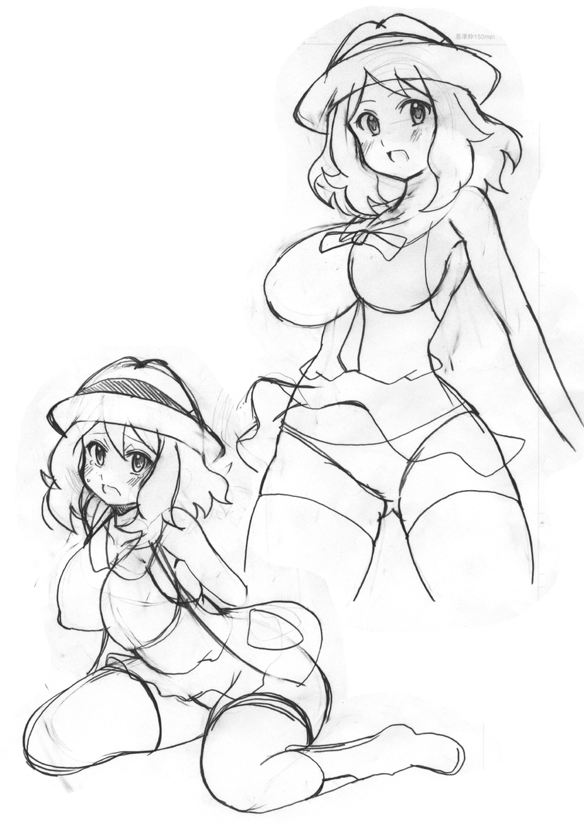 blush breasts dress greyscale hat highres koutarosu large_breasts long_hair looking_at_viewer miniskirt monochrome open_mouth panties pokemon pokemon_(anime) pokemon_(game) pokemon_xy pokemon_xy_(anime) serena_(pokemon) short_hair skirt solo thighhighs underwear white_background