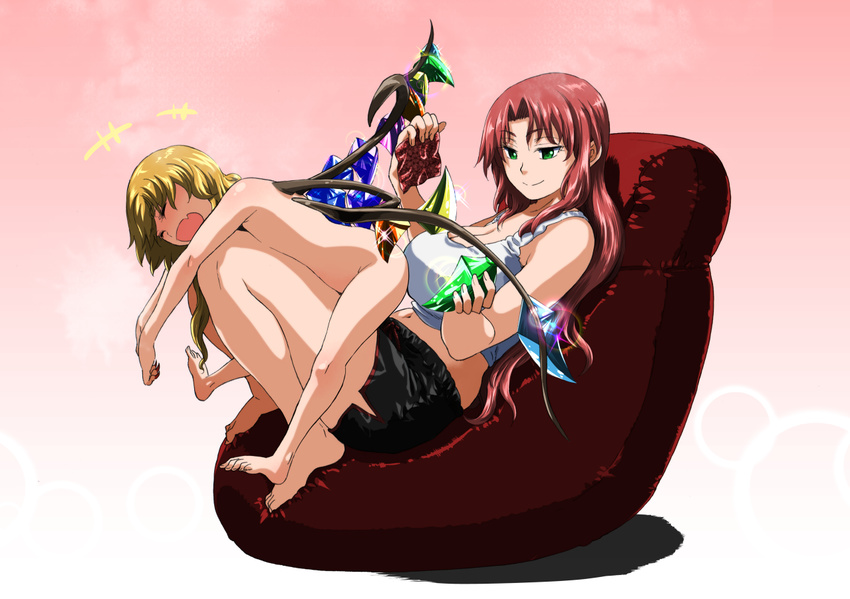 2girls :d ^_^ ^o^ alternate_costume armchair bangs bare_arms bare_legs bare_shoulders barefoot black_shorts blonde_hair blush breasts chair cleaning cleavage closed_eyes closed_mouth commentary_request crystal eyebrows_visible_through_hair fang flandre_scarlet full_body girl_on_top glint gradient gradient_background green_eyes gym_shorts happy holding hong_meiling knees_up large_breasts long_hair lying multiple_girls navel nude on_stomach open_mouth parted_bangs pink_background polishing rag red_hair shorts shundou_heishirou sitting sleeveless smile tank_top touhou tsurime