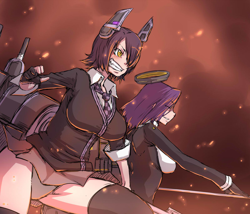 black_legwear breasts brown_eyes checkered checkered_neckwear gloves grin hair_over_one_eye kantai_collection large_breasts long_sleeves mechanical_halo multiple_girls necktie panties partly_fingerless_gloves purple_eyes purple_hair short_hair smile tatsuta_(kantai_collection) tenryuu_(kantai_collection) thighhighs underwear warumono_tomii