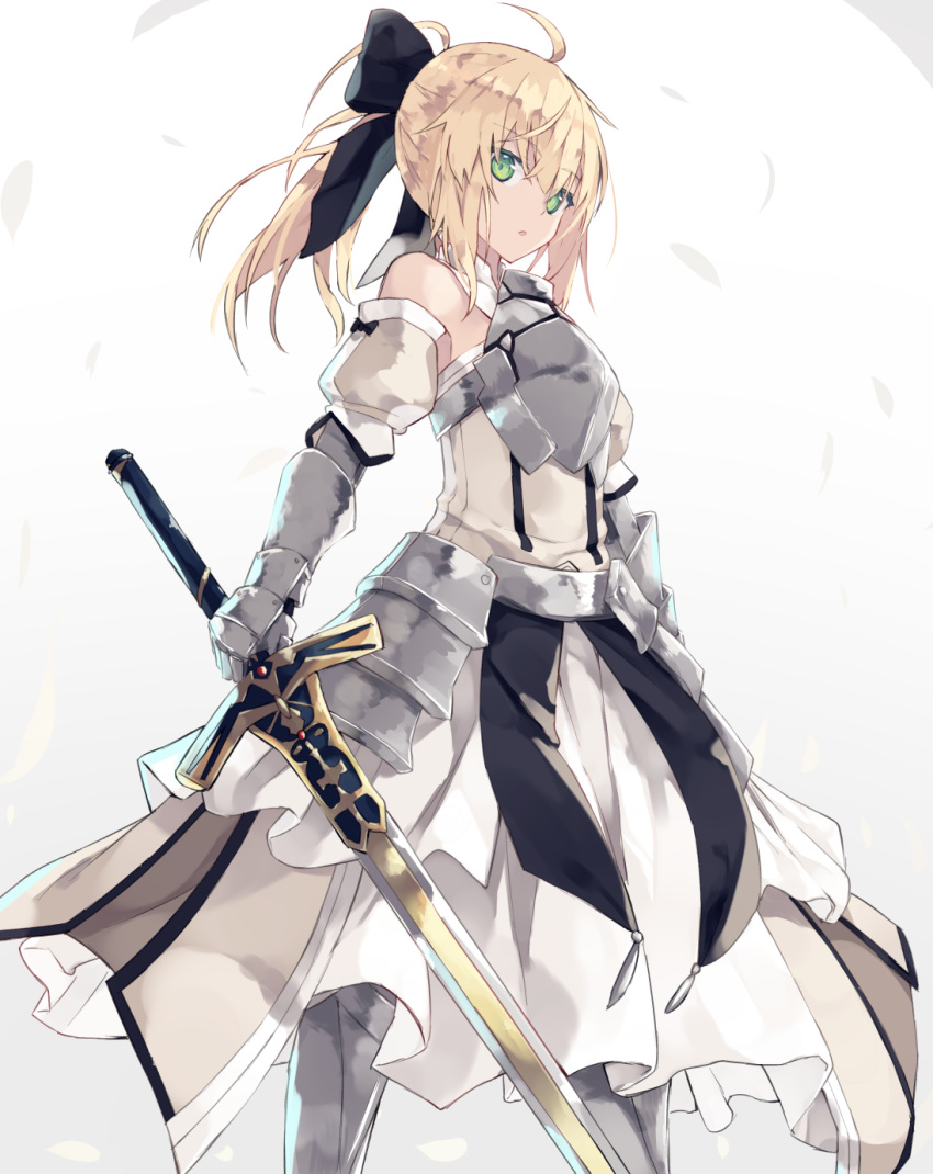 1girl :o ahoge armor armored_boots armored_dress artoria_pendragon_(all) bangs black_bow blonde_hair blush boots bow caliburn commentary_request dress eyebrows_visible_through_hair fate/unlimited_codes fate_(series) gauntlets green_eyes hair_between_eyes hair_bow highres holding holding_sword holding_weapon long_hair nagishiro_mito parted_lips ponytail saber_lily sidelocks solo standing sword weapon white_dress