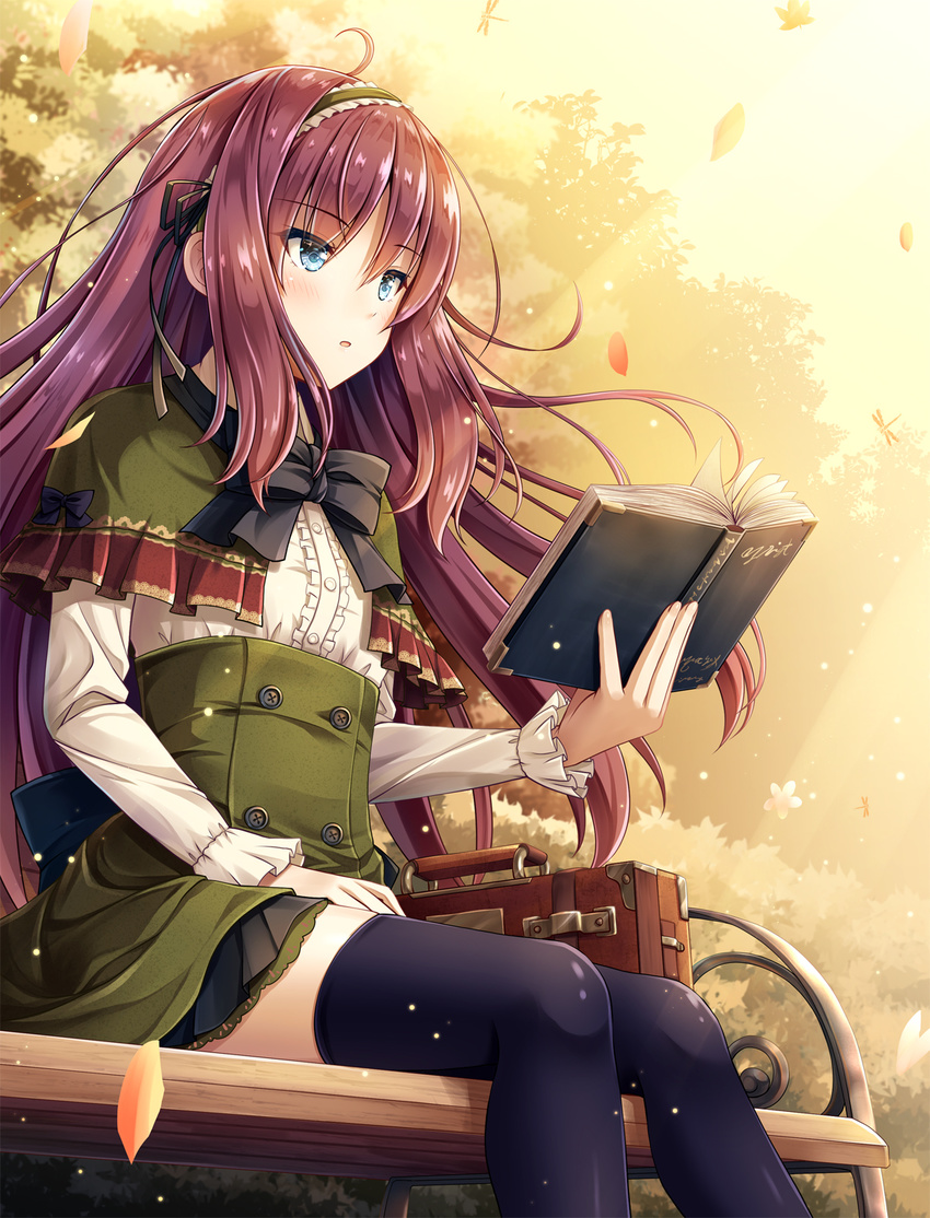akashio_(loli_ace) bench black_legwear blue_eyes book bow briefcase brown_hair capelet commentary_request eyebrows_visible_through_hair hair_ribbon hairband highres holding holding_book leaf lolita_hairband long_hair looking_away original parted_lips ribbon solo thighhighs