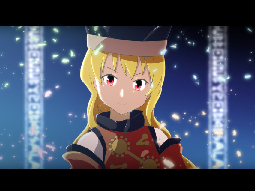 1girl blonde_hair cato_(monocatienus) commentary_request detached_sleeves hat letterboxed long_hair looking_at_viewer matara_okina pillarboxed red_eyes smile solo touhou