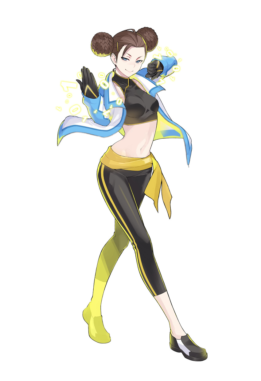 1girl artist_name artist_request bandai black_footwear black_gloves black_pants blue_eyes blush breasts brown_hair chinese_clothes crop_top digimon digimon_story:_cyber_sleuth digimon_story:_cyber_sleuth_hacker's_memory double_bun fei_(digimon_story:_cyber_sleuth) female full_body gloves hair_ornament hairclip jacket looking_at_viewer medium_breasts midriff navel official_art pants print_gloves print_jacket sash shiny shoes simple_background smile sneakers solo sweatpants white_background white_jacket