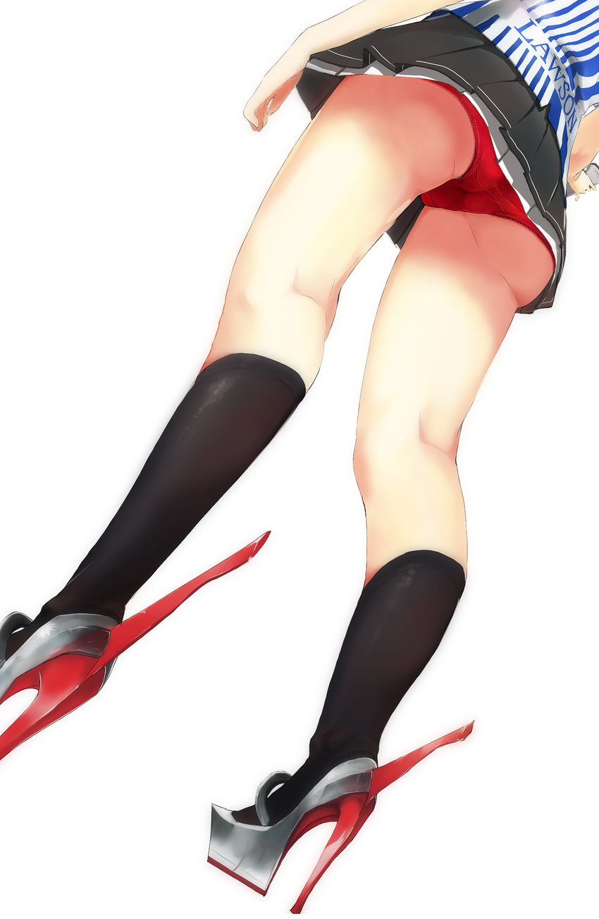 absurdres arm_at_side ass barcode_scanner black_legwear black_skirt blue_shirt close-up clothes_writing dutch_angle from_behind grey_footwear high_heels highres holding isaka_wasabi kantai_collection kashima_(kantai_collection) kneehighs kneepits lawson legs legs_apart miniskirt multicolored multicolored_clothes multicolored_shirt panties pleated_skirt red_panties rudder_shoes scanner shirt simple_background skirt solo striped striped_shirt underwear upskirt vertical-striped_shirt vertical_stripes white_background white_shirt
