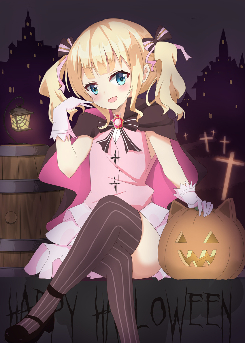 :d absurdres bangs barrel black_bow black_cape black_footwear blonde_hair blue_eyes blunt_bangs blush bow brooch brown_legwear building cape commentary cross crossed_legs english eyebrows_visible_through_hair gloves gochuumon_wa_usagi_desu_ka? hair_bow halloween happy_halloween highres jack-o'-lantern jewelry kirima_sharo kousaka_nobaku lamp layered_skirt looking_at_viewer night night_sky open_mouth phantom_thief_lapin pink_gloves pink_shirt pink_skirt pinstripe_legwear shirt short_eyebrows short_hair sidelocks sitting skirt sky sleeveless sleeveless_shirt smile solo striped striped_bow striped_legwear thighhighs thighs twintails v-shaped_eyebrows