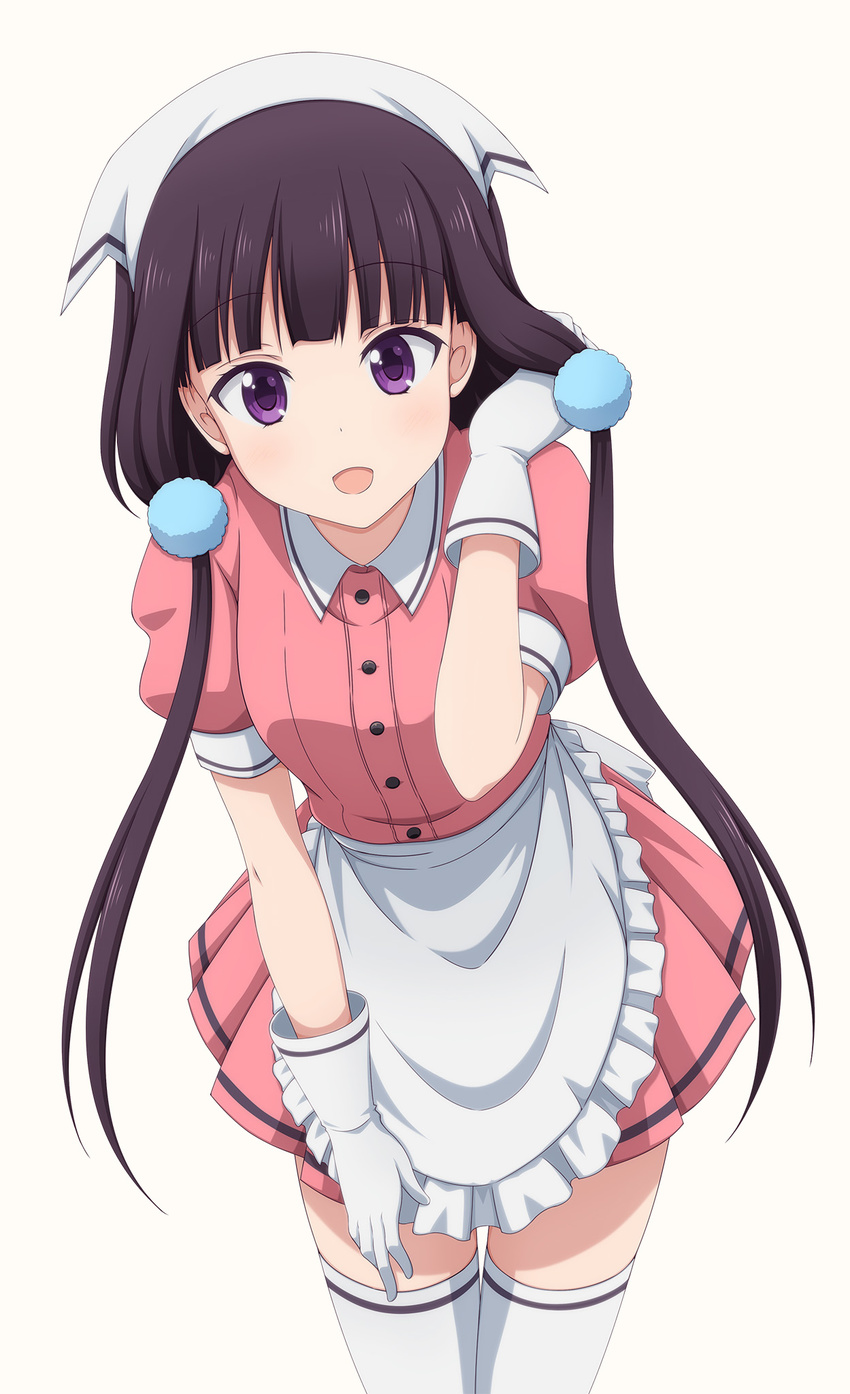 :d apron bad_id bad_pixiv_id bangs blend_s blunt_bangs commentary_request eyebrows_visible_through_hair frilled_apron frills gloves hair_ornament hair_over_shoulder head_scarf highres leaning_forward long_hair looking_at_viewer low_twintails open_mouth pink_shirt pink_skirt puffy_short_sleeves puffy_sleeves purple_eyes purple_hair sakuranomiya_maika shira-nyoro shirt short_sleeves simple_background skirt smile solo stile_uniform thighhighs twintails uniform very_long_hair waist_apron waitress white_apron white_background white_gloves white_legwear zettai_ryouiki
