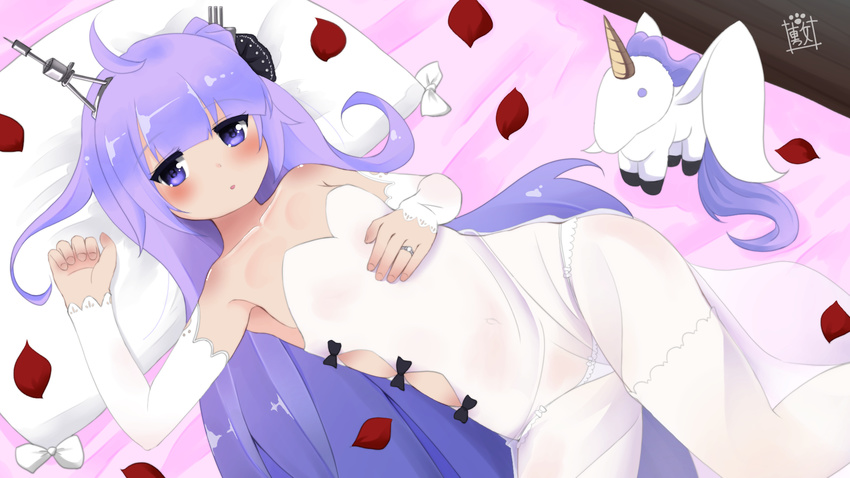 ahoge azur_lane bed bed_sheet black_bow black_ribbon bow collarbone commentary_request detached_sleeves dress dress_bow hair_ribbon hair_spread_out headgear highres jewelry lace lace-trimmed_ribbon lace-trimmed_sleeves lavender_hair long_hair long_sleeves looking_at_viewer lying navel off-shoulder_dress off_shoulder panties petals pillow purple_eyes ribbon ring see-through shikimiya_tae side_cutout solo strapless strapless_dress stuffed_alicorn stuffed_animal stuffed_toy teddy_bear thighhighs underwear unicorn_(azur_lane) very_long_hair wedding_band white_dress white_legwear white_panties