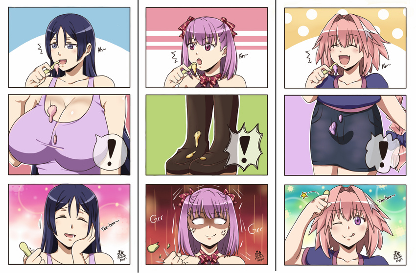 2girls 3koma anger_vein angry astolfo_(fate) bare_shoulders blush braid breast_conscious breast_envy breasts bulge cleavage comic commentary empty_eyes fang fate/apocrypha fate/grand_order fate_(series) food hair_intakes hair_ribbon head_tilt helena_blavatsky_(fate/grand_order) highres ice_cream large_breasts long_hair looking_at_viewer maroonabyss minamoto_no_raikou_(fate/grand_order) multicolored_hair multiple_girls one_eye_closed open_mouth otoko_no_ko pink_hair purple_eyes purple_hair ribbon short_hair single_braid smile spoon streaked_hair tehepero type-moon very_long_hair