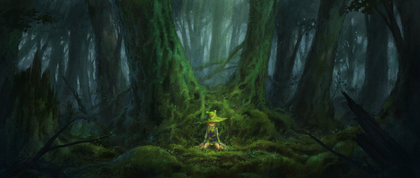 barefoot closed_eyes dark dress forest grass green hat highres long_hair long_sleeves miso_pan moriya_suwako moss nature outdoors overgrown purple_dress scenery solo touhou tree