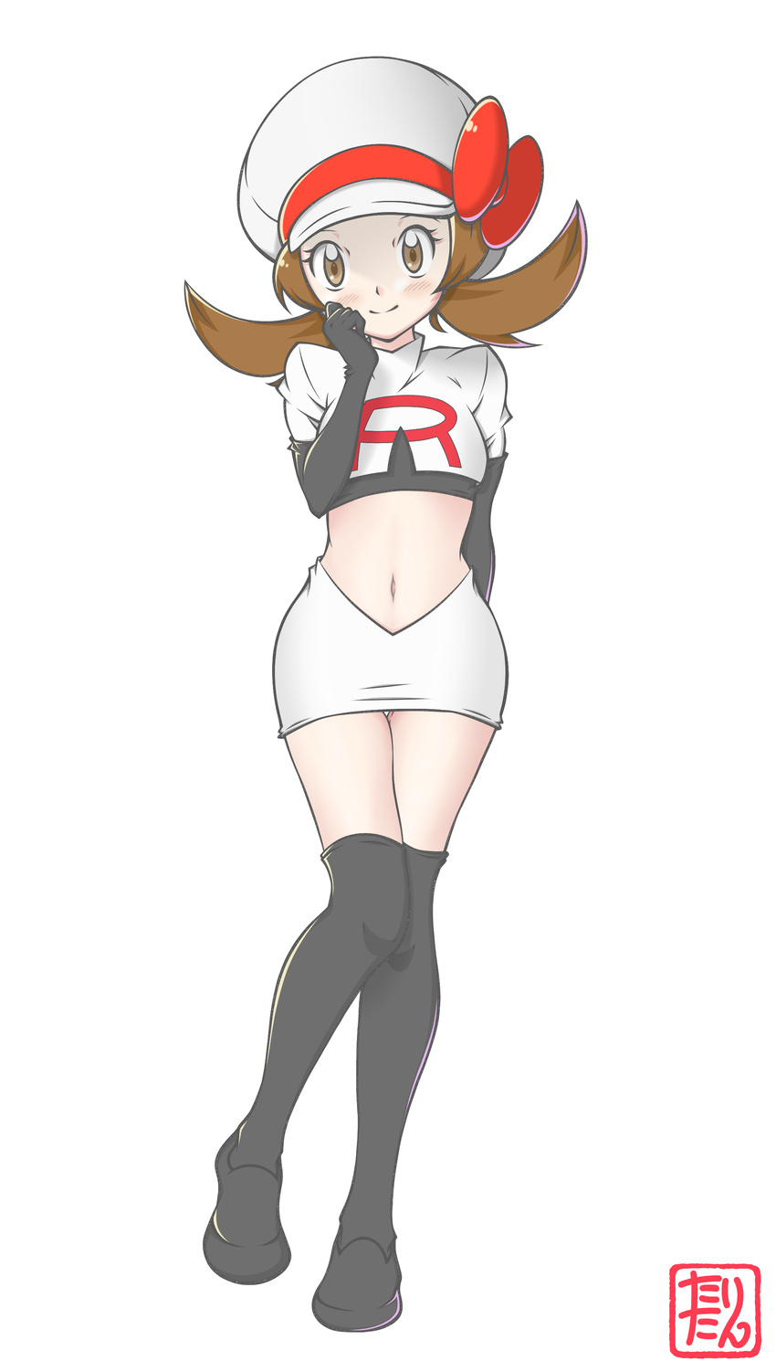 absurdres arm_behind_back black_gloves black_legwear blush bow brown_eyes brown_hair crop_top elbow_gloves full_body gloves hat hat_bow highres kotone_(pokemon) long_hair looking_at_viewer midriff miniskirt navel pencil_skirt pokemon pokemon_(anime) red_bow simple_background skirt smile solo standing stomach tax2rin team_rocket_uniform thighhighs twintails white_background white_hat white_skirt