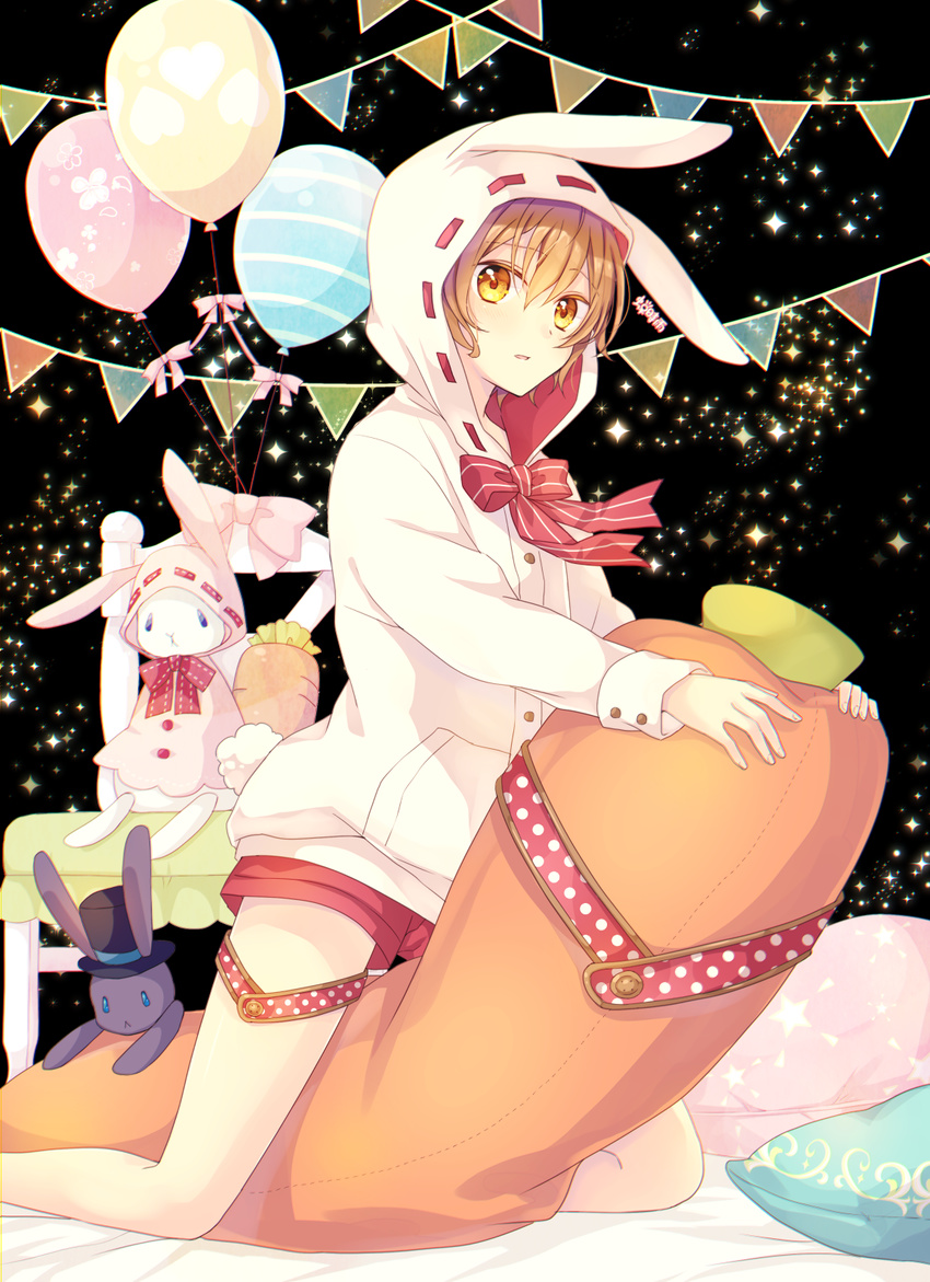 animal_hood balloon bangs blush bunny_hood commentary_request goma_(11zihisin) highres hood kneeling long_sleeves looking_at_viewer male_focus original parted_lips pillow short_hair short_shorts shorts stuffed_animal stuffed_bunny stuffed_toy