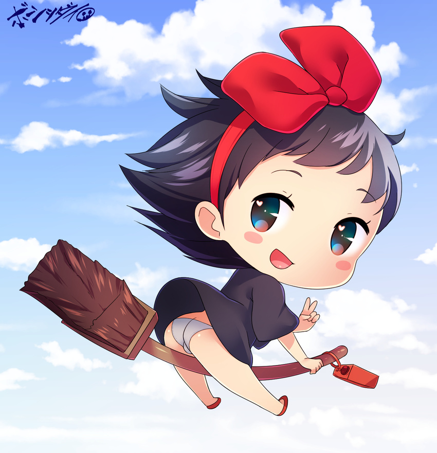 1girl ass black_dress black_hair blue_sky blush blush_stickers born-to-die broom chibi cloud day dress female full_body hairband heart heart_in_eye kiki looking_at_viewer looking_back majo_no_takkyuubin outdoors panties pantyshot red_hairband shoes short_sleeves sky solo v wind_lift