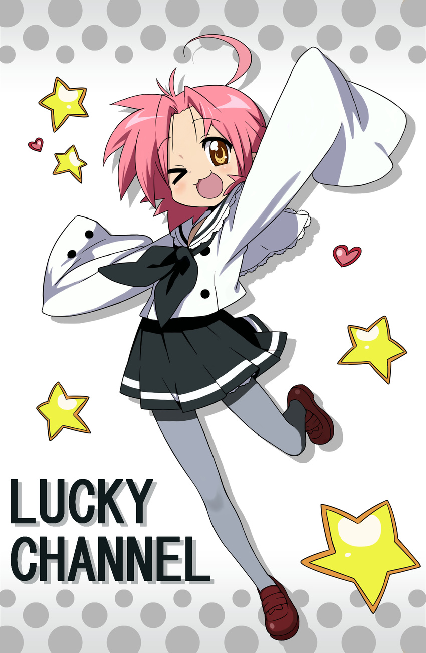 ;3 ;d ahoge bajima_shouhei full_body grey_legwear highres jumping kogami_akira loafers looking_at_viewer lucky_star official_style one_eye_closed open_mouth pantyhose pink_hair pleated_skirt sailor_collar school_uniform shoes skirt sleeves_past_fingers sleeves_past_wrists smile solo star yellow_eyes