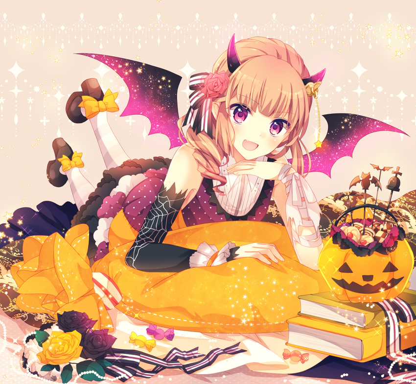 bangs bare_shoulders blush brown_hair commentary_request cookie crossdressing demon_horns demon_wings dress fang flower food foreshortening goma_(11zihisin) hair_flower hair_ornament halloween_basket halloween_costume horns jack-o'-lantern long_hair looking_at_viewer lying male_focus mismatched_sleeves on_stomach original otoko_no_ko pink_eyes red_flower red_rose rose solo the_pose wings