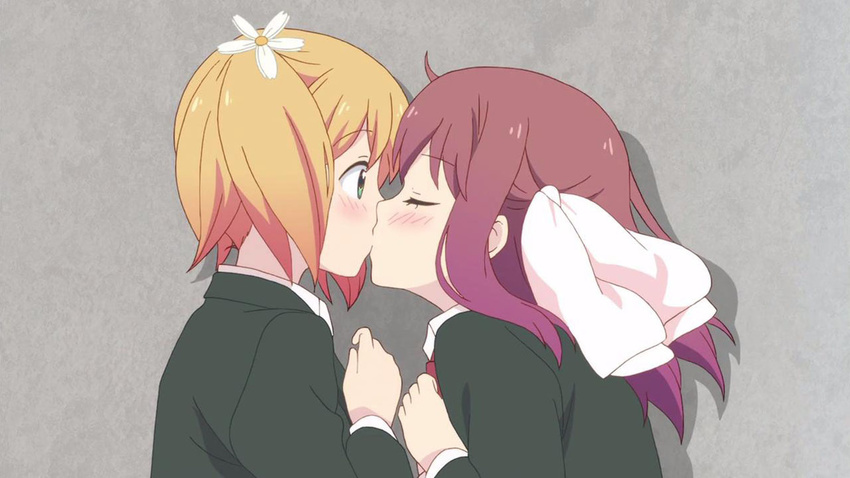 2girls blonde_hair blush canon couple eyes_closed floor flower green_eyes hair_ornament hairclip kiss long_hair lying multiple_girls official pigtails pink_hair ribbon sakura_trick school_uniform screencap short_hair sonoda_yuu surprised takayama_haruka uniform wide_eyes yuri