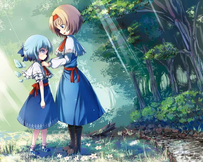 alice_margatroid alice_margatroid_(cosplay) ascot blonde_hair blue_bow blue_dress blue_eyes blue_footwear blue_hair bobby_socks boots bow brown_footwear capelet cirno cosplay cross-laced_footwear day dress flower forest from_side hair_bow hairband hakkotsu_shitai highres ice ice_wings lace-up_boots multiple_girls nature outdoors red_hairband shoes short_dress short_hair smile socks sunlight touhou white_legwear wings
