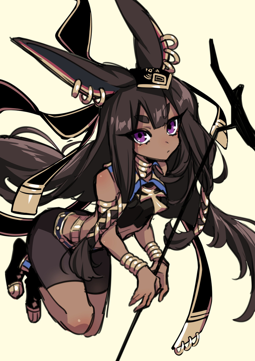 absurdres animal_ears ankh armlet bangs bare_shoulders bike_shorts black_hair black_legwear blunt_bangs bracelet closed_mouth collar dark_skin earrings eyebrows_visible_through_hair frown grey_shorts hair_ornament highres holding holding_staff jewelry kneeling long_hair looking_at_viewer necklace original purple_eyes short_eyebrows shorts simple_background solo staff thick_eyebrows westxost_(68monkey) white_background