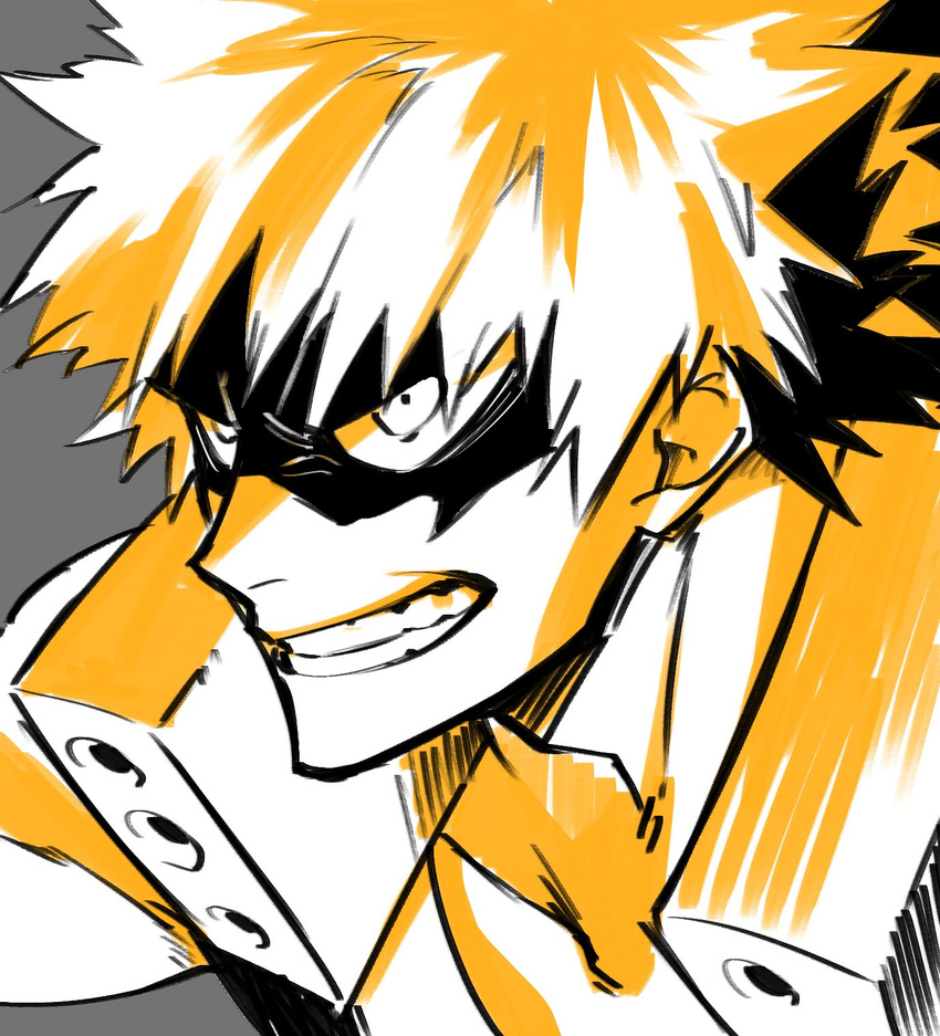 bakugou_katsuki boku_no_hero_academia clenched_teeth close-up commentary_request evil_grin evil_smile grey_background grin highres looking_at_viewer male_focus monochrome simple_background smile solo teeth uniform westxost_(68monkey) yellow