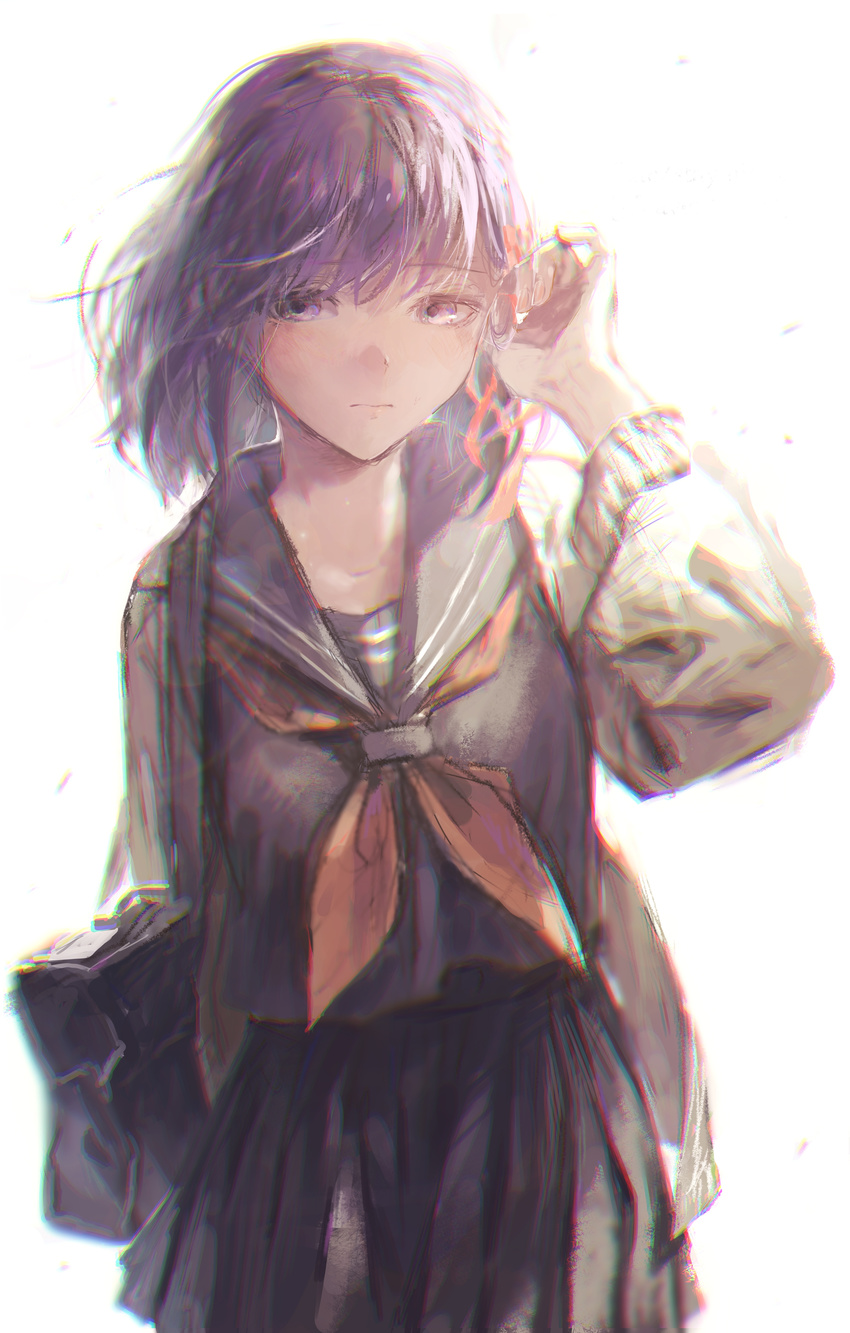 absurdres alternate_hair_length alternate_hairstyle backlighting bag black_serafuku blurry chromatic_aberration cowboy_shot fate/stay_night fate_(series) frown hair_ribbon hair_tousle highres lens_flare looking_to_the_side matou_sakura md5_mismatch purple_eyes purple_hair ribbon school_bag school_uniform serafuku short_hair sketch solo tentsuu_(tentwo) white_background wind