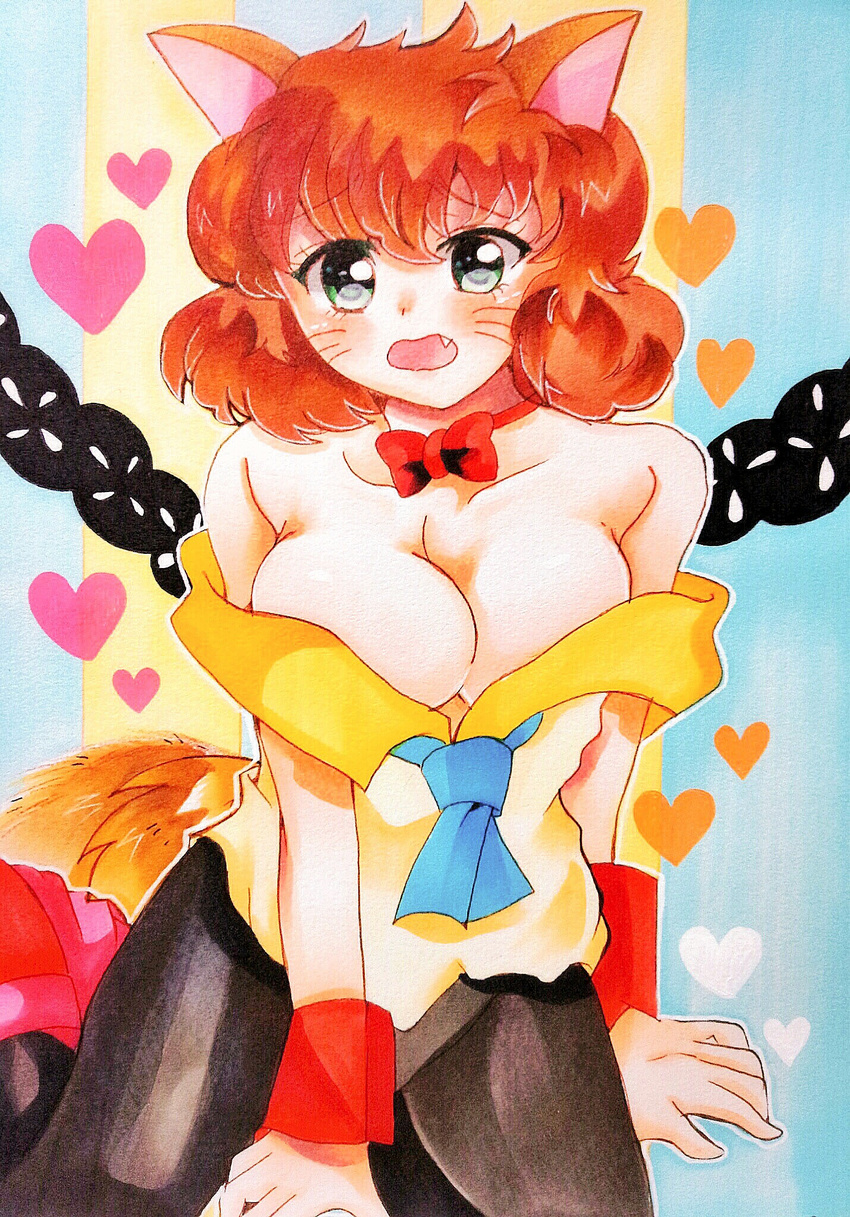 1girl absurdreds animal_ears artist_request bare_shoulders blush boots bowtie breasts brown_hair cleavage collar cuffs fang heart koto_(yuu_yuu_hakusho) large_breasts looking_at_viewer necktie open_mouth shorts tail traditional_media whiskers white_shirt yuu_yuu_hakusho