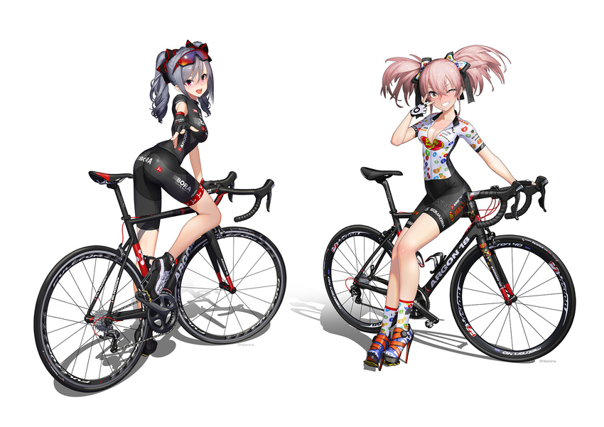 :d ass bicycle bike_jersey black_gloves blush bow breasts drill_hair eyewear_on_head fingerless_gloves full_body gloves ground_vehicle hair_bow high_heels highres hitomi_kazuya idolmaster idolmaster_cinderella_girls jougasaki_mika kanzaki_ranko looking_at_viewer medium_breasts multiple_girls one_eye_closed open_mouth pink_hair red_eyes shoes silver_hair simple_background sitting smile sunglasses twin_drills twintails v v_over_eye white_background yellow_eyes