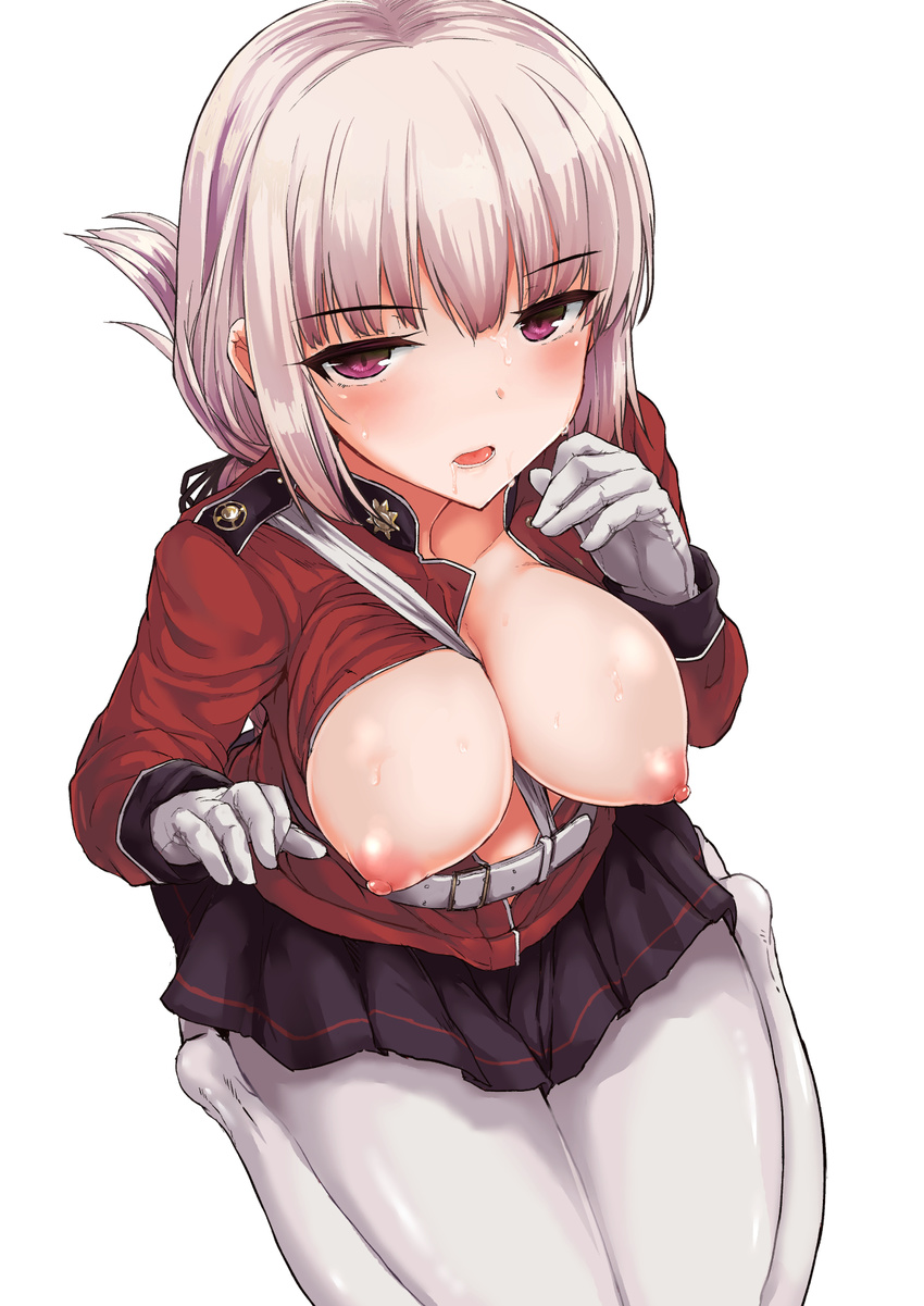 :o bangs belt between_breasts black_skirt blunt_bangs blush breasts breasts_outside commentary_request eigetu eyebrows_visible_through_hair fate/grand_order fate_(series) florence_nightingale_(fate/grand_order) from_above gloves highres large_breasts long_hair long_sleeves looking_at_viewer military military_uniform miniskirt nipples no_bra no_shoes open_clothes open_mouth pantyhose purple_eyes saliva seiza sidelocks silver_hair simple_background sitting skirt solo strap_cleavage sweat tsurime uniform white_background white_gloves white_legwear