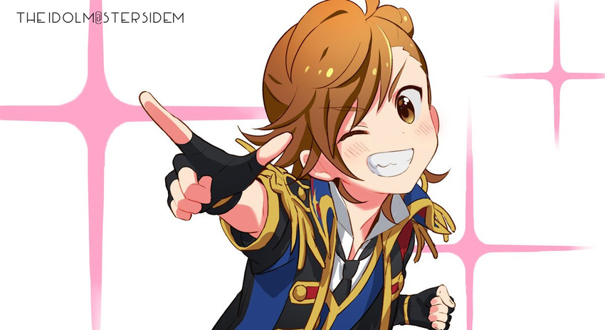 ;d anime_coloring black_gloves black_jacket brown_hair clenched_hand copyright_name epaulettes fingerless_gloves gloves grin idol idolmaster idolmaster_side-m jacket looking_at_viewer male_focus one_eye_closed open_mouth pointing pointing_at_viewer reason!! rice_(rice8p) simple_background smile solo tachibana_shirou white_background