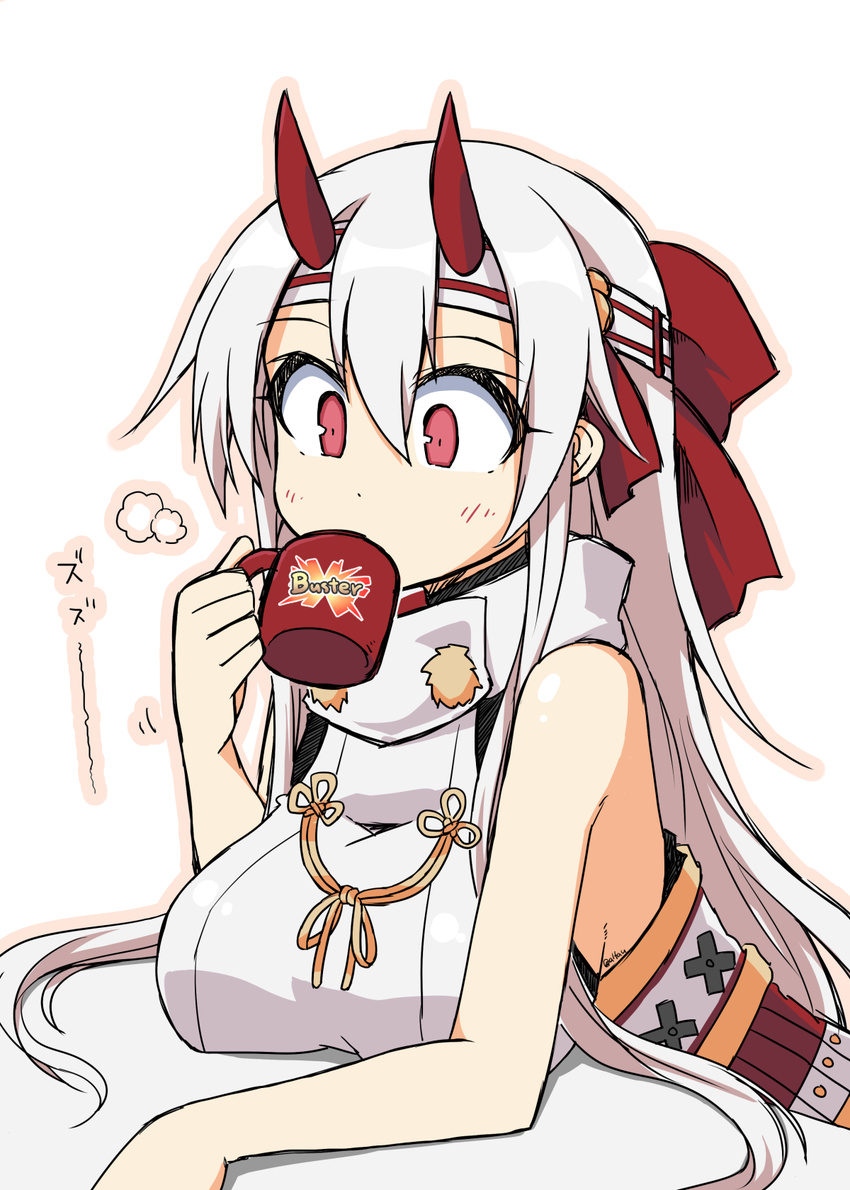 bare_arms bare_shoulders blush bow breast_rest breasts coffee_mug cup drinking fate/grand_order fate_(series) hair_bow headband highres holding horns large_breasts leaning_forward long_hair mug oni_horns pom_poms red_bow red_eyes sash sideboob silver_hair simple_background sleeveless tareme tomoe_gozen_(fate/grand_order) upper_body white_background white_hair yuuhi_alpha