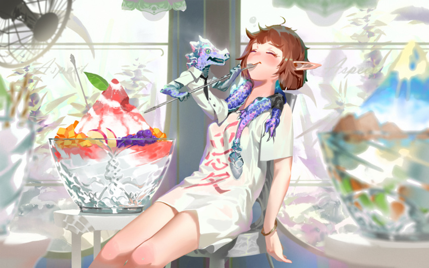 1girl blurry blush bracelet brown_hair chair commentary_request depth_of_field eating elf fan fantasy feeding food fruit happy indoors jewelry karasu-san_(syh3iua83) leaning_back lizard messy_hair no_humans no_pants original oversized_object parfait pointy_ears restaurant short_hair sitting smile spoon sunlight table waiter window