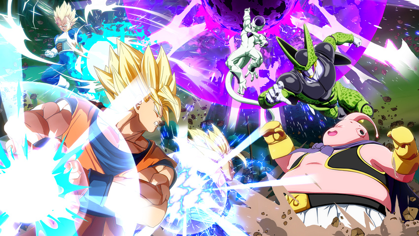6boys alien android arc_system_works armor battle blonde_hair cape cell_(dragon_ball) destruction dragon_ball dragon_ball_fighter_z dragonball_z energy epic fight fighting flying frieza glowing lowres majin_buu monster multiple_boys muscle perfect_cell saiyan son_gohan son_gokuu super_saiyan tail vegeta wallpaper