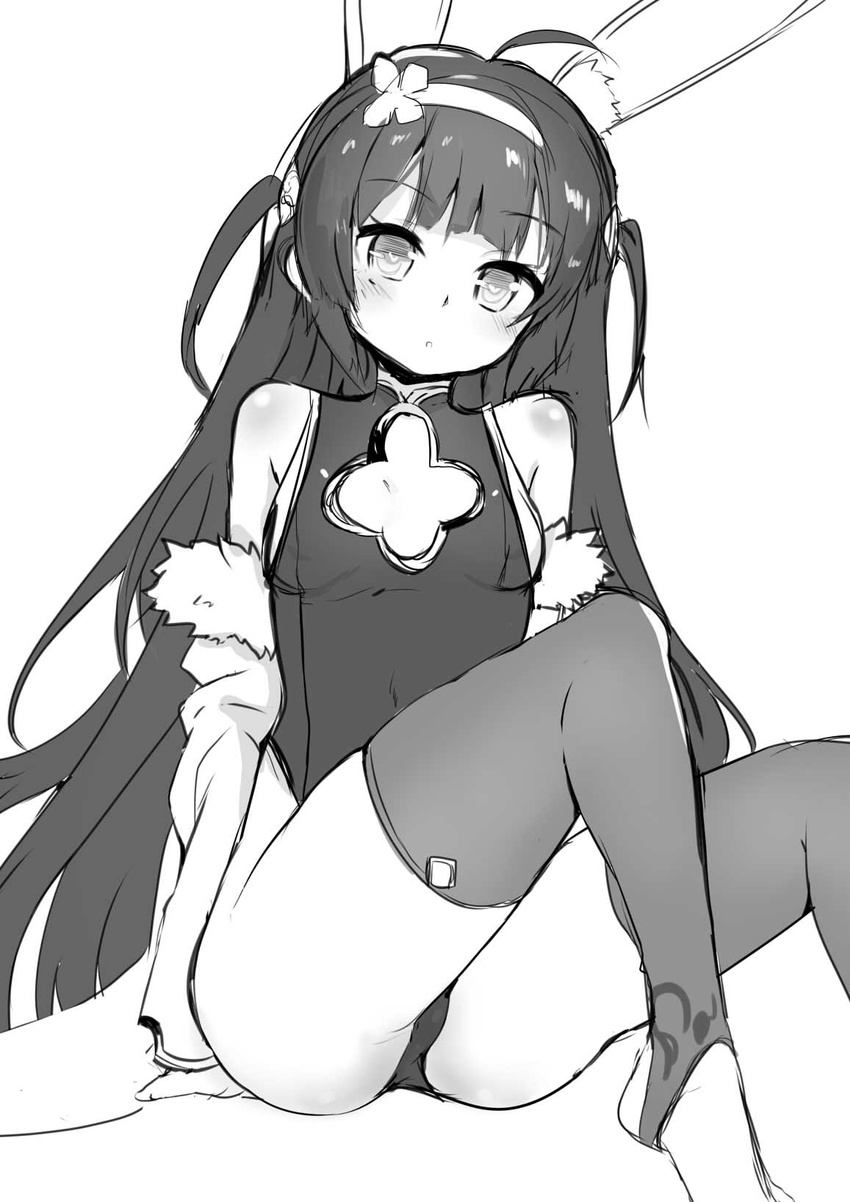 ahoge azur_lane bangs bare_shoulders barefoot blush breasts cleavage_cutout commentary_request eyebrows_visible_through_hair feet_out_of_frame fur-trimmed_jacket fur_trim greyscale haik hairband heart heart-shaped_pupils highres jacket long_hair looking_at_viewer monochrome no_shoes off_shoulder parted_lips ping_hai_(azur_lane) sitting small_breasts solo symbol-shaped_pupils thighhighs toeless_legwear very_long_hair white_background