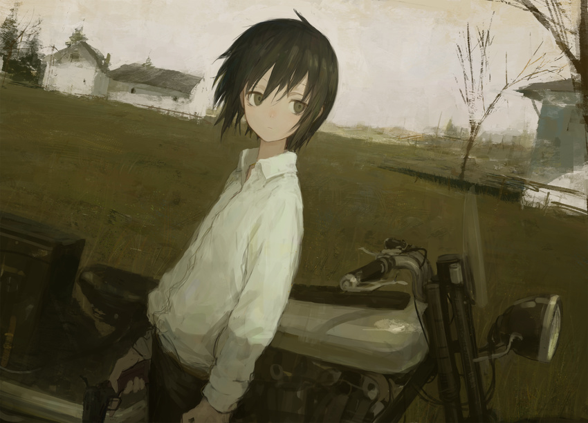 androgynous black_hair blouse brough_superior brown_eyes dutch_angle expressionless grass green_eyes ground_vehicle gun handgun hermes highres holding holding_gun holding_weapon house kino kino_no_tabi looking_afar looking_back motor_vehicle motorcycle outdoors scenery shion_(mirudakemann) short_hair solo tree weapon