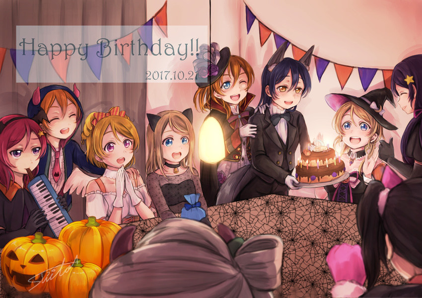 :d ;d ^_^ angel_wings animal_ears ayase_arisa ayase_eli bell bell_choker birthday_party black_gloves black_neckwear blonde_hair blue_eyes blue_hair bow bowtie brown_hair cake cat_ears choker closed_eyes commentary dated detached_collar engrish_commentary flower food formal gloves hair_between_eyes hair_bow hair_ornament hairband halloween halloween_costume hands_together happy_birthday hat hat_feather hat_flower highres hood horns hoshizora_rin instrument jack-o'-lantern koizumi_hanayo kousaka_honoka long_hair love_live! love_live!_school_idol_project minami_kotori multiple_girls nishikino_maki one_eye_closed one_side_up open_mouth orange_hair party piano_keys purple_eyes purple_hair red_hair signature smile sonoda_umi spider_web_print star star_hair_ornament string_of_flags striped striped_bow suit suito tablecloth thumbs_up toujou_nozomi vest white_gloves winged_hairband wings witch_hat yazawa_nico