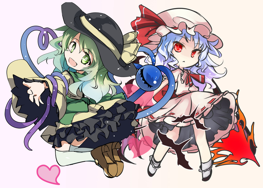 black_hat blue_hair brown_footwear chibi commentary_request frilled_skirt frills green_eyes green_hair green_skirt hat hat_ribbon heart komeiji_koishi laevatein long_hair long_sleeves looking_at_viewer loxodon miniskirt mob_cap multiple_girls over-kneehighs red_eyes red_ribbon remilia_scarlet ribbon ribbon-trimmed_skirt ribbon_trim shirt shoes short_sleeves simple_background skirt skirt_set smile thighhighs third_eye touhou white_background white_legwear wide_sleeves yellow_shirt