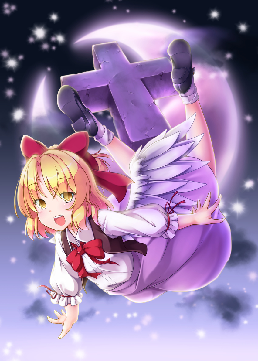 :d aka_tawashi angel_wings bangs black_footwear blonde_hair blue_sky blush bow bowtie cloud commentary_request day eyebrows_visible_through_hair eyes_visible_through_hair flying frilled_sleeves frills full_body gengetsu hair_bow highres long_skirt long_sleeves looking_at_viewer open_mouth outdoors parted_bangs pink_skirt ponytail red_bow red_neckwear red_ribbon ribbon round_teeth shirt shoe_soles shoes short_hair skirt sky smile socks solo spread_fingers teeth touhou touhou_(pc-98) white_shirt white_wings wings yellow_eyes