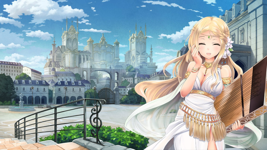 :d bare_shoulders blonde_hair blue_sky breasts building castle city cleavage closed_eyes cloud cloudy_sky day dmm dress facing_viewer flower fountain gate gem girls_symphony hair_flower hair_ornament highres holding holding_instrument instrument instrument_request jewelry long_hair medium_breasts necklace open_mouth outdoors palace railing sky skyline smile solo stairs tree wallpaper white_dress