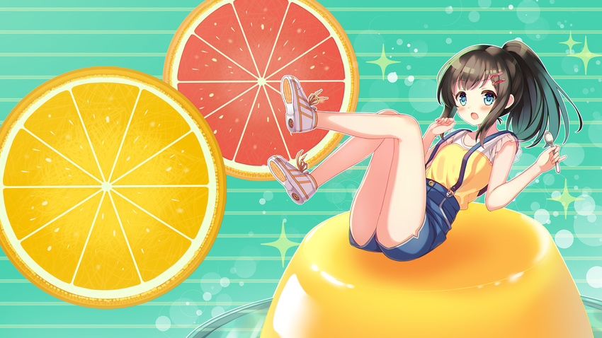 :o bangs bare_arms bare_legs black_hair blue_eyes blue_skirt blush eyebrows_visible_through_hair food frilled_sleeves frills fruit full_body gradient_hair grapefruit_slice green_background green_hair hair_ornament hairclip holding holding_spoon legs legs_up lemon long_hair looking_at_viewer minigirl multicolored_hair no_socks open_mouth orange orange_slice original ponytail pudding see-through shirt shoes short_sleeves sidelocks skirt sneakers solo sparkle spoon striped striped_background suspender_skirt suspenders tareme white_footwear yatsuki_yura yellow_shirt