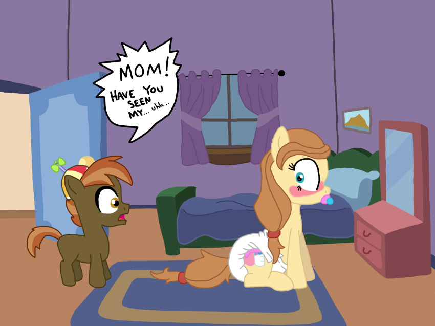 2014 bunnyboydl button_mash_(mlp) diaper female friendship_is_magic male mother my_little_pony pacifier parent sitting