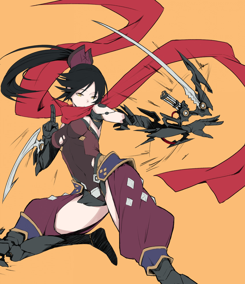 absurdres black_hair black_leotard blade breasts closed_mouth commentary_request covered_navel expressionless fate/grand_order fate_(series) flat_color floating_hair highres holding holding_sword holding_weapon katou_danzou_(fate/grand_order) legs_apart leotard long_hair mechanical_arm medium_breasts ninja orange_background ponytail red_scarf scarf sideboob sidelocks simple_background solo sword thighs tsurime utu_(ldnsft) weapon yellow_eyes