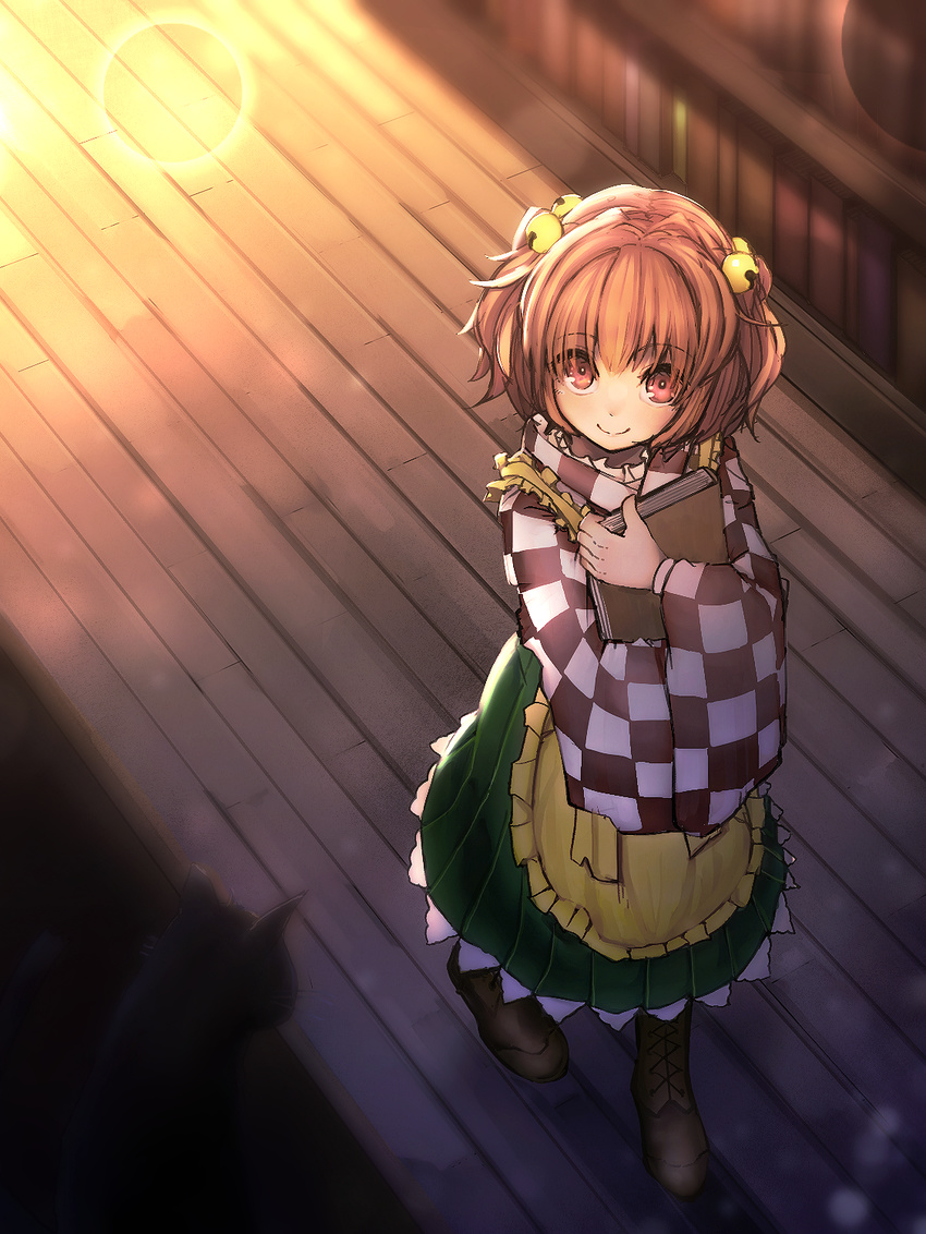 apron bangs bell book book_hug boots brown_footwear cat checkered checkered_kimono closed_mouth commentary_request from_above green_skirt hair_bell hair_ornament highres holding holding_book japanese_clothes kimono long_sleeves looking_at_viewer motoori_kosuzu nanahi_toshi perspective red_eyes red_hair short_hair skirt smile solo touhou walking wide_sleeves wooden_floor