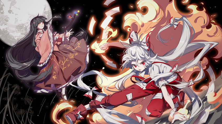 absurdres aibivy bamboo black_footwear black_hair blouse bow branch burning_hand clenched_hand fire frilled_sleeves frills fujiwara_no_mokou full_moon hair_bow highres hime_cut houraisan_kaguya jeweled_branch_of_hourai long_hair looking_at_viewer mary_janes moon multi-tied_hair multiple_girls night ofuda open_mouth pants pink_blouse red_eyes red_footwear red_pants red_skirt shirt shoe_bow shoes skirt sky sleeves_past_wrists star_(sky) starry_sky suspenders torn_clothes torn_sleeves touhou tsurime very_long_hair white_hair white_legwear white_shirt yellow_eyes