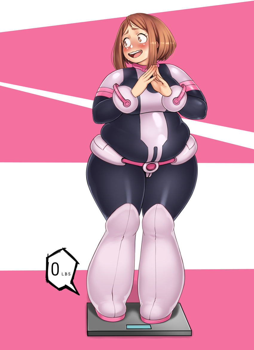 absurdres belt better-with-salt big_belly blush bodysuit boku_no_hero_academia boots breasts brown_eyes brown_hair commentary fat_folds full_body highres large_breasts muffin_top nervous_smile obese short_hair skin_tight skindentation solo thick_eyebrows thick_thighs thighs uraraka_ochako wavy_mouth weighing_scale weight weight_conscious wide_hips