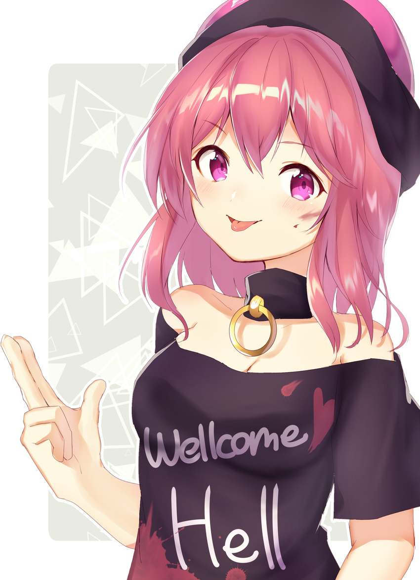 absurdres bad_id bad_pixiv_id bangs bare_shoulders black_hat blood blood_on_face blush breasts clothes_writing collar commentary_request hair_between_eyes hand_gesture hat hecatia_lapislazuli highres nenobi_(nenorium) off-shoulder_shirt pink_hair red_hair shapes shirt short_hair short_sleeves small_breasts solo tongue tongue_out touhou upper_body