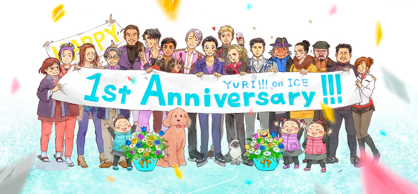 6+girls ^_^ alcohol anniversary banner beard black_hair black_legwear blonde_hair blush blush_stickers brown_hair cat celestino_cialdini christophe_giacometti closed_eyes copyright_name cup dog drinking_glass facial_hair flower glasses grin hair_bun hair_slicked_back hamster hat heart highres ice_skates it's_j.j._style! jacket japanese_clothes jean-jacques_leroy katsuki_hiroko katsuki_mari katsuki_toshiya katsuki_yuuri legwear_under_shorts lilia_baranovskaya makkachin mao_(mao_kome) mole mole_under_eye multiple_boys multiple_girls nikolai_plisetsky nishigoori_axel nishigoori_loop nishigoori_lutz nishigoori_takeshi nishigoori_yuuko okukawa_minako otabek_altin pantyhose phichit_chulanont ponytail puma_tiger_scorpion sandals scarf shorts silver_hair skates smile track_jacket twintails v viktor_nikiforov wine wine_glass yakov_feltsman yuri!!!_on_ice yuri_plisetsky