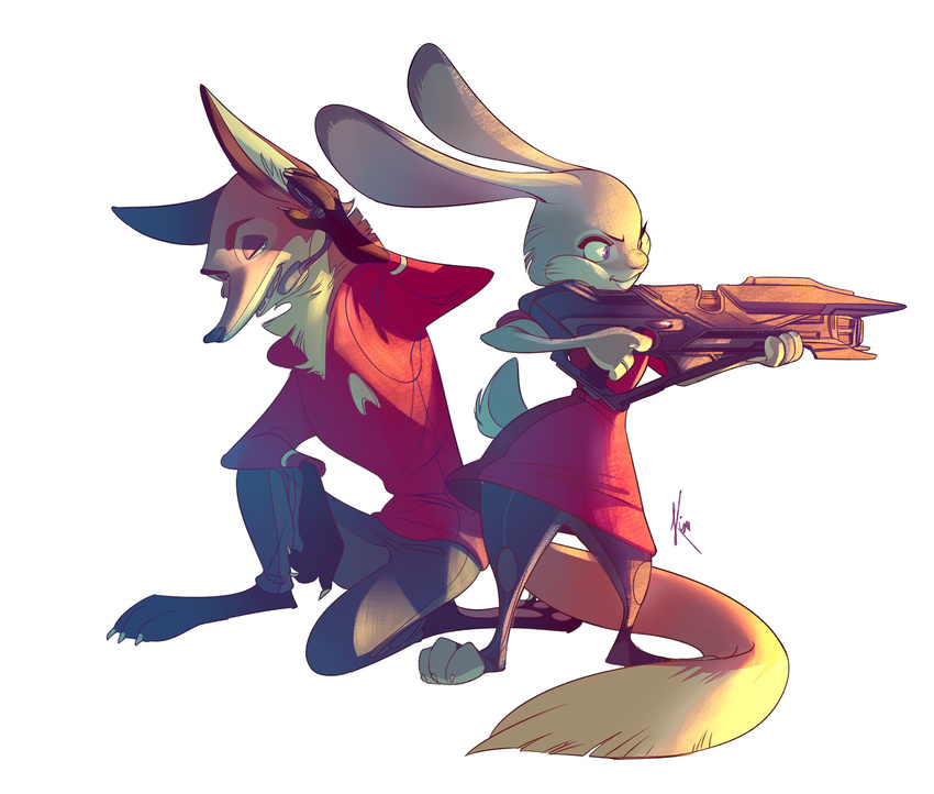 2016 anthro barefoot canine claws clothing disney duo female fox fur gun headphones headset hi_res holding_object holding_weapon inner_ear_fluff judy_hopps kisu-no-hi kneeling lagomorph looking_back male mammal nick_wilde pants pawpads purple_eyes rabbit ranged_weapon red_fox rifle shirt simple_background standing star_trek toe_claws weapon white_background zootopia