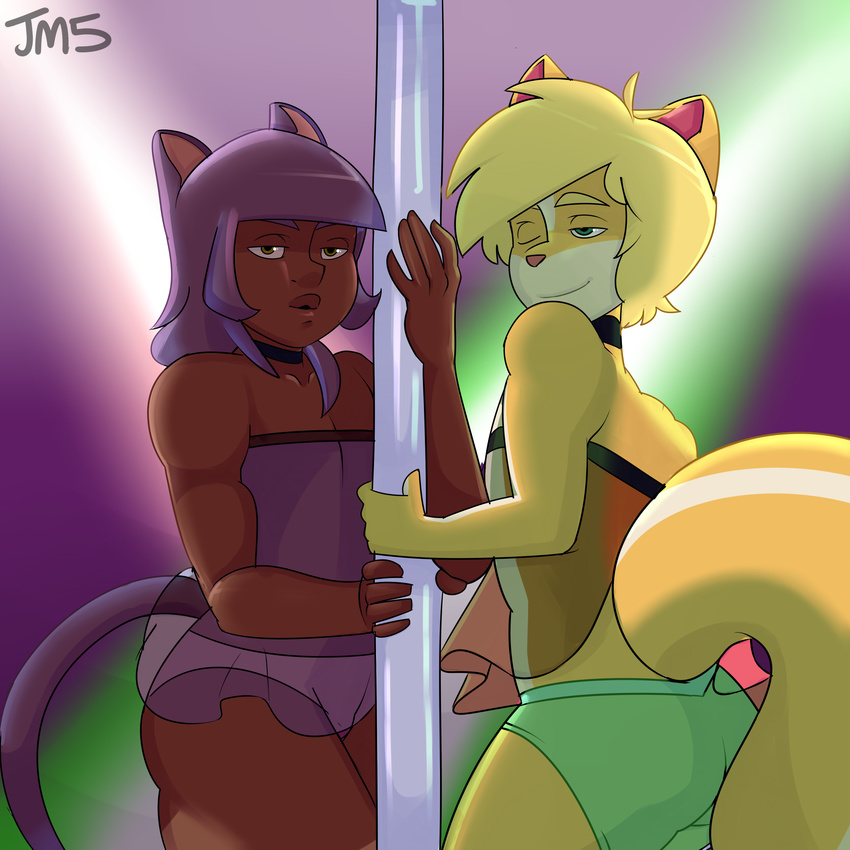 animal_humanoid anthro canine cat_humanoid clothed clothing duo feline girly hi_res humanoid jakkmau5art looking_at_viewer male mammal pole smile standing stripper_pole