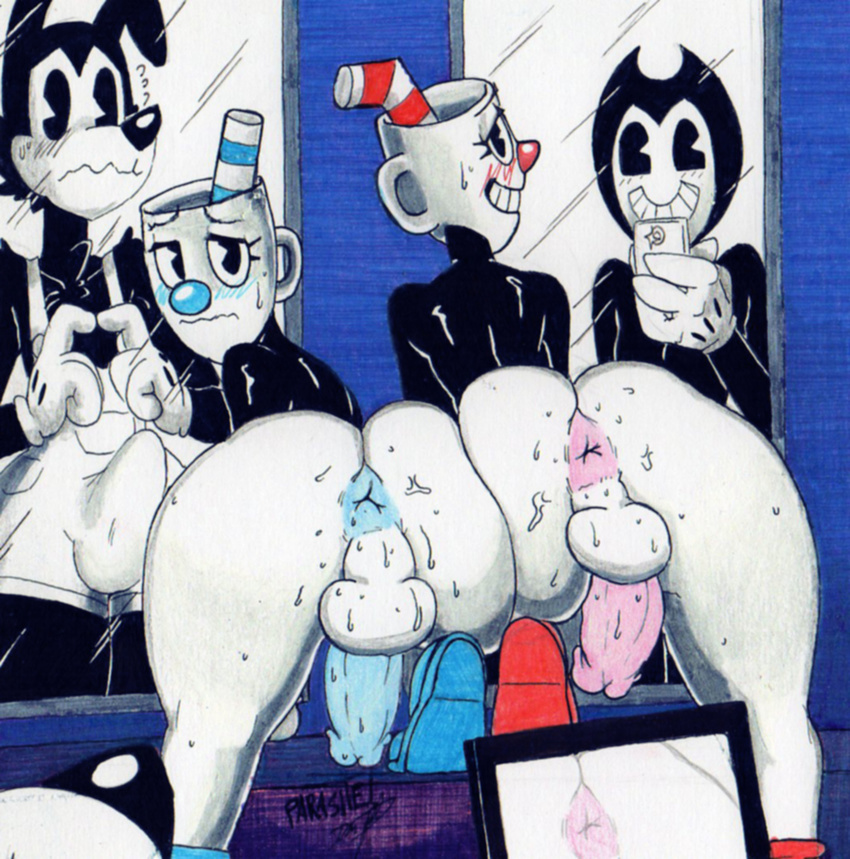 2017 4_fingers animate_inanimate anus balls being_recorded bendy bendy_and_the_ink_machine big_butt black_eyes black_fur black_nose black_skin blue_footwear blue_nose blue_penis boris butt canine clothing cuphead_(character) cuphead_(game) demon erection erection_under_clothes first_person_view fur grin humanoid humanoid_penis looking_at_viewer male mammal mirror mugman object_head parasitedeath penis pink_penis presenting presenting_hindquarters red_footwear red_nose smile suspenders sweat voyeur white_balls white_skin wolf