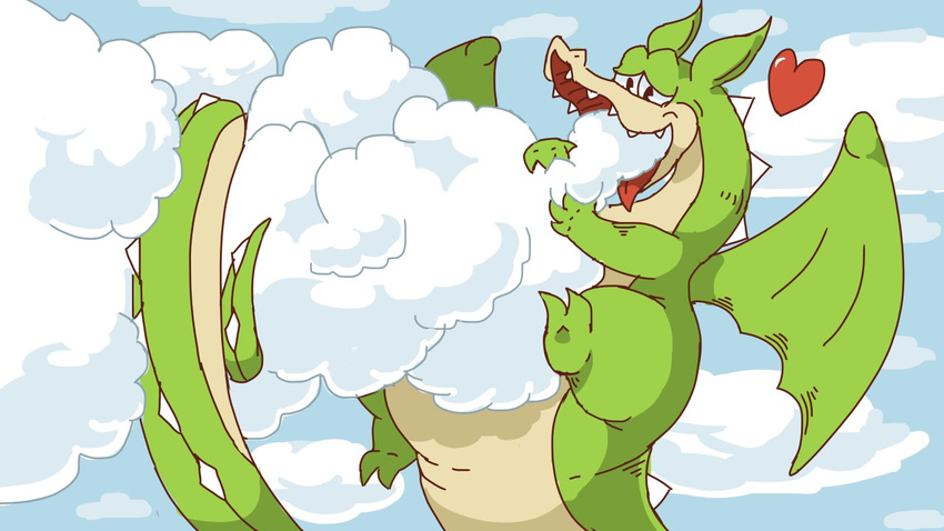 &lt;3 barefoot black_eyes claws cloud cuphead_(game) cute dragon eating feral flying grim_matchstick half-closed_eyes long_ears long_neck male nude open_mouth pukupukudragon scalie sharp_claws sharp_teeth slightly_chubby smile solo teeth thick_thighs toe_claws tongue tongue_out toony video_games western_dragon wings