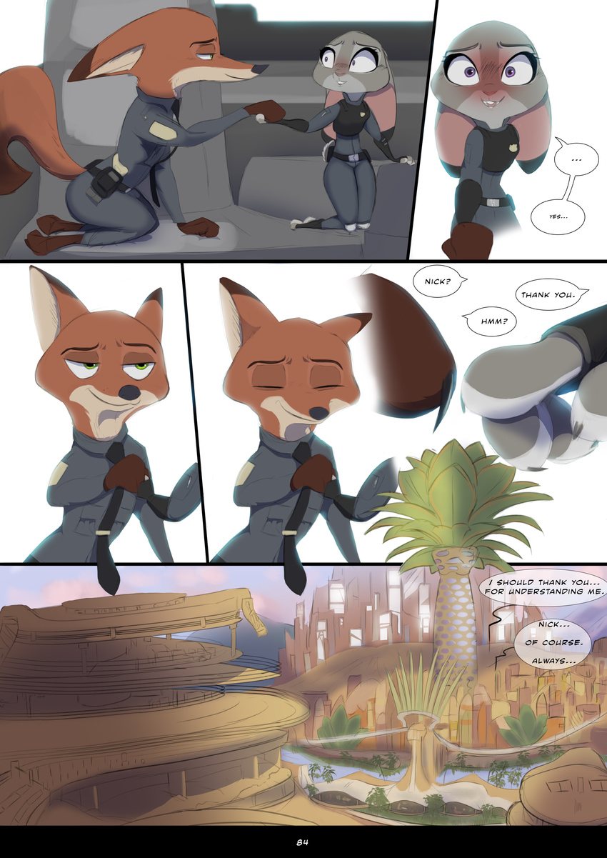 2017 anthro belt blush buckteeth bulletproof_vest canine clothed clothing comic dialogue dipstick_ears disney duo english_text female fox furgonomics hand_holding inside_car judy_hopps kneeling lagomorph male male/female mammal necktie nick_wilde police_uniform rabbit tail_clothing teeth text toony uniform utility_belt yitexity zootopia