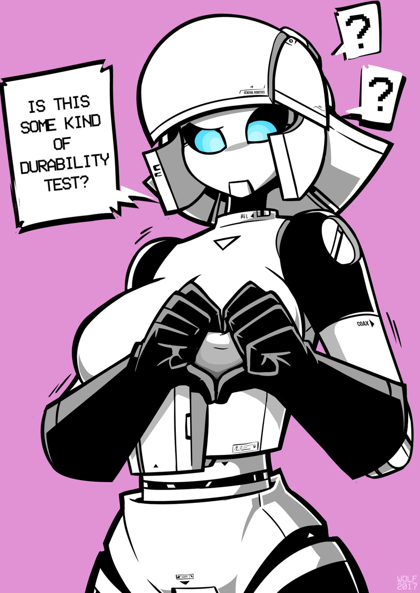 ? blackbolt blue_eyes breasts clothing dialogue fan_character female gloves hand_on_breast machine millie not_furry robot simple_background solo white_body